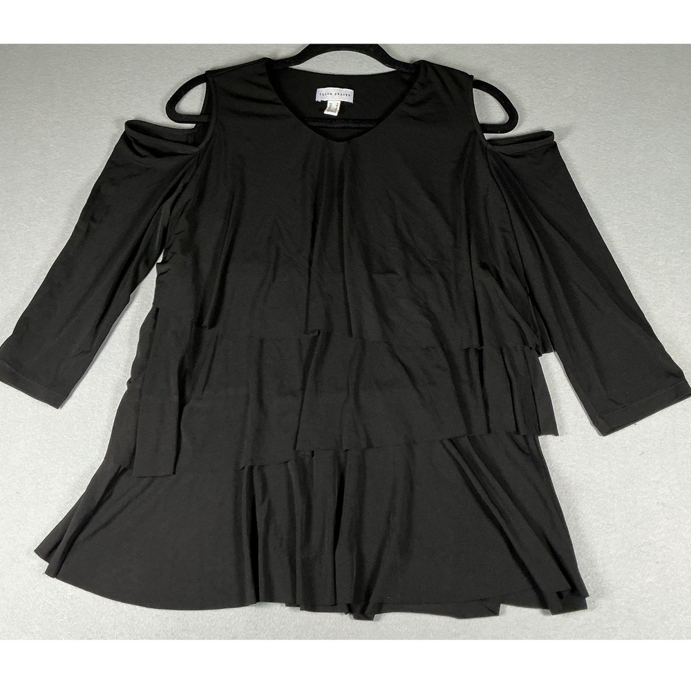 Susan Graver Womens Small Black Cold Shoulder Tiered Ruffle Tunic Top Minimalist